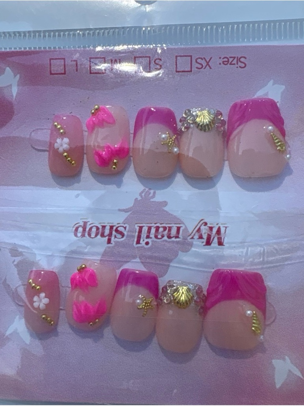 Bright Pink Floral & Shell Press-On Nails for Women